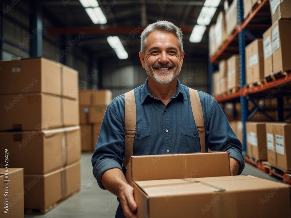 A mature man, a logistics worker, packs cardboard boxes in a distribution warehouse and prepares goods for shipment. AI generated. A mature man, a logistics worker, packs cardboard boxes in a distribution warehouse and prepares goods for shipment. AI generated.