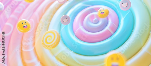 Soft pastel spirals with joyful emojis, creating a light-hearted and cheerful background. photo