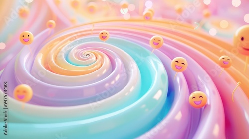 Soft pastel spirals with happy emojis, creating a soothing and cheerful background. photo