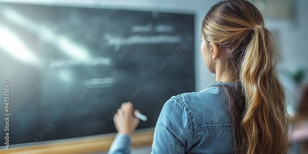 Female schoolteacher writing board classroom closeup. Teacher beginning lesson isolated with white highlights Female schoolteacher writing board classroom closeup. Teacher beginning lesson isolated with white highlights