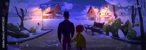 Father and son in night winter neighborhood street background. Walking man back in holiday countryside scene. Parent hold kid hand. Dark December village with building in distance view with lantern