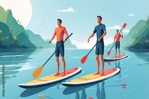boy practice paddle board and girl canoeing