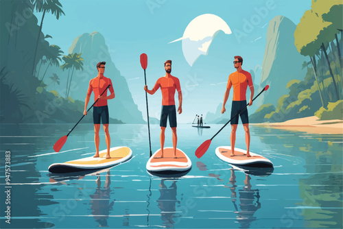 boy practice paddle board and girl canoeing