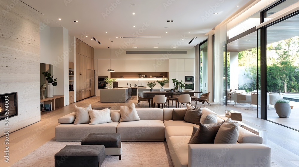 Open-concept living room with minimal furniture and a neutral color scheme Open-concept living room with minimal furniture and a neutral color scheme