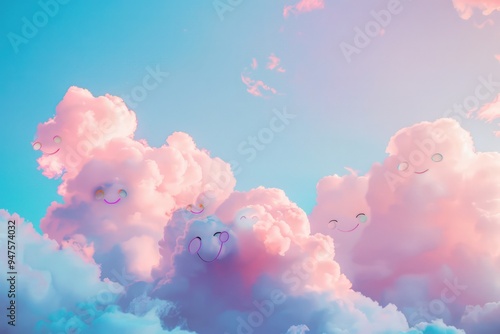 Soft pastel clouds with smiling emojis, creating a serene and joyful atmosphere.