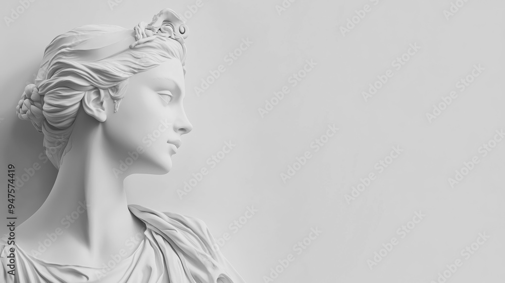 Fototapeta premium Woman's antique statue on the right side with copy space, solid color background, grey color theme, elegance and beauty