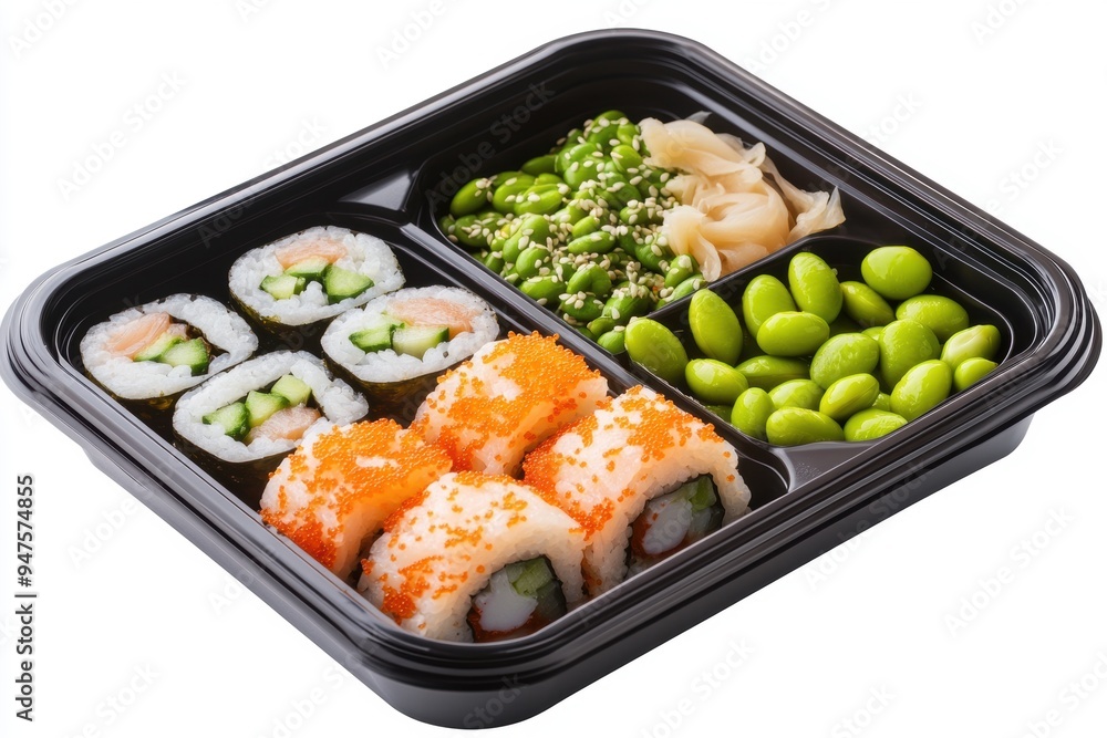 a bento box featuring sushi rolls, edamame, and pickled ginger. a bento box featuring sushi rolls, edamame, and pickled ginger.