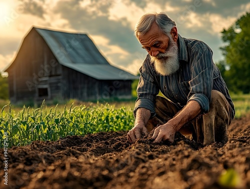 Elderly farmer tending to healthy thriving crops in sun dappled fields of verdant wheat and barley tilling soil with well worn hands and a weathered face creased with wisdom