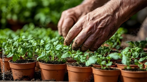 Close up of a farmer s calloused weathered hands gently caring for delicate herb plants and heirloom seedlings in rustic terracotta pots surrounded by natural light and an earthy nurturing ambiance photo