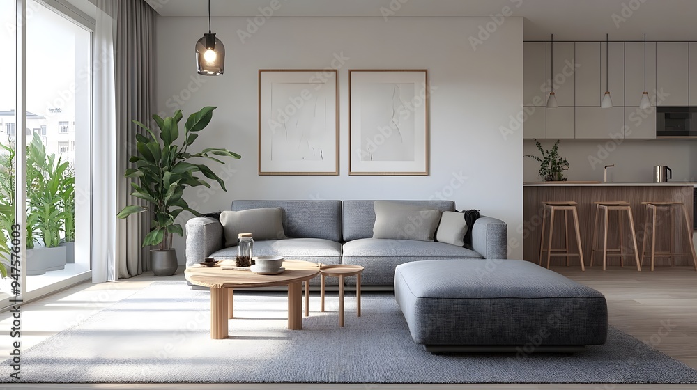 Fototapeta premium Open and airy living room with minimal decor and a grey sofa
