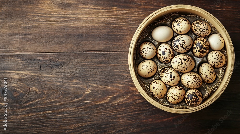 Quail Eggs on Light Gray Background in Ceramic Bowl - Top View with Copyspace for Text Quail Eggs on Light Gray Background in Ceramic Bowl - Top View with Copyspace for Text
