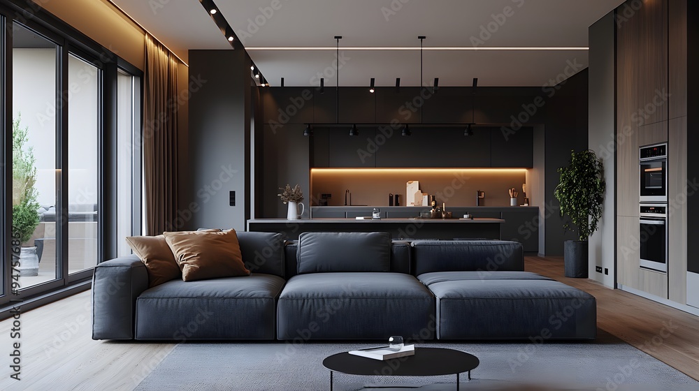 Open and airy living room with minimal decor and a grey sofa Open and airy living room with minimal decor and a grey sofa