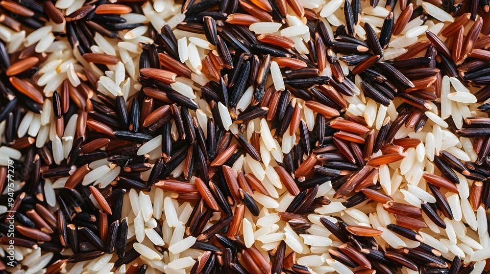 Closeup photograph highlighting the distinct textures and vibrant color contrast between wild rice and white rice grains The natural earthy tones and organic patterns create a visually appealing Closeup photograph highlighting the distinct textures and vibrant color contrast between wild rice and white rice grains The natural earthy tones and organic patterns create a visually appealing