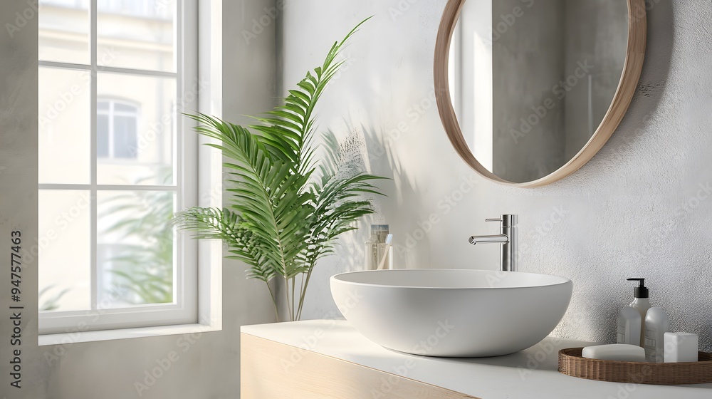 Clean bathroom with a white sink, a mirror, and natural light Clean bathroom with a white sink, a mirror, and natural light