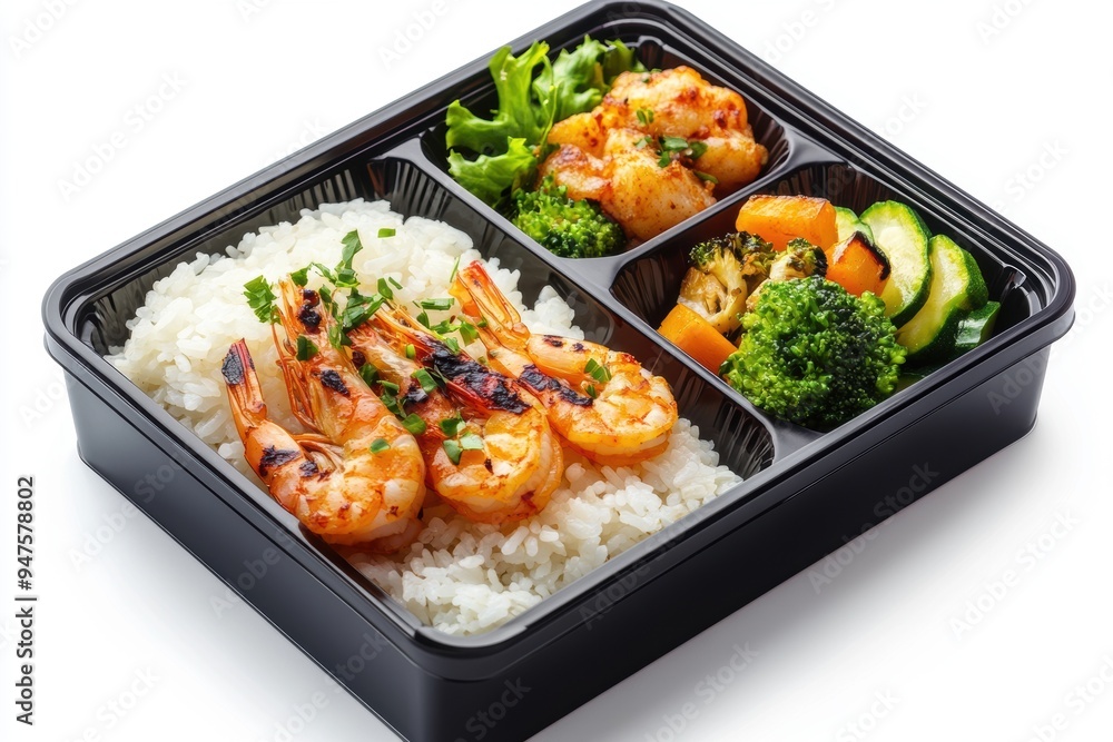 a bento box featuring grilled shrimp, fluffy rice, and colorful vegetables. a bento box featuring grilled shrimp, fluffy rice, and colorful vegetables.