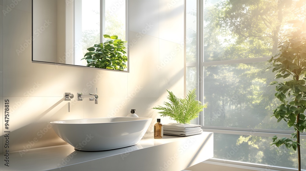 Clean bathroom with a white sink, a mirror, and natural light Clean bathroom with a white sink, a mirror, and natural light