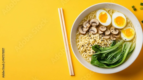 Asian-Inspired Ramen Noodle Soup with Eggs, Mushrooms, and Pak Choi on Orange Background with Copy Space, Top View