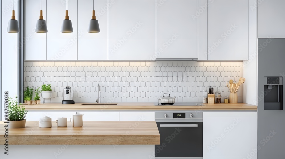 A minimalist kitchen with white cabinets, a wooden countertop, and modern appliances A minimalist kitchen with white cabinets, a wooden countertop, and modern appliances