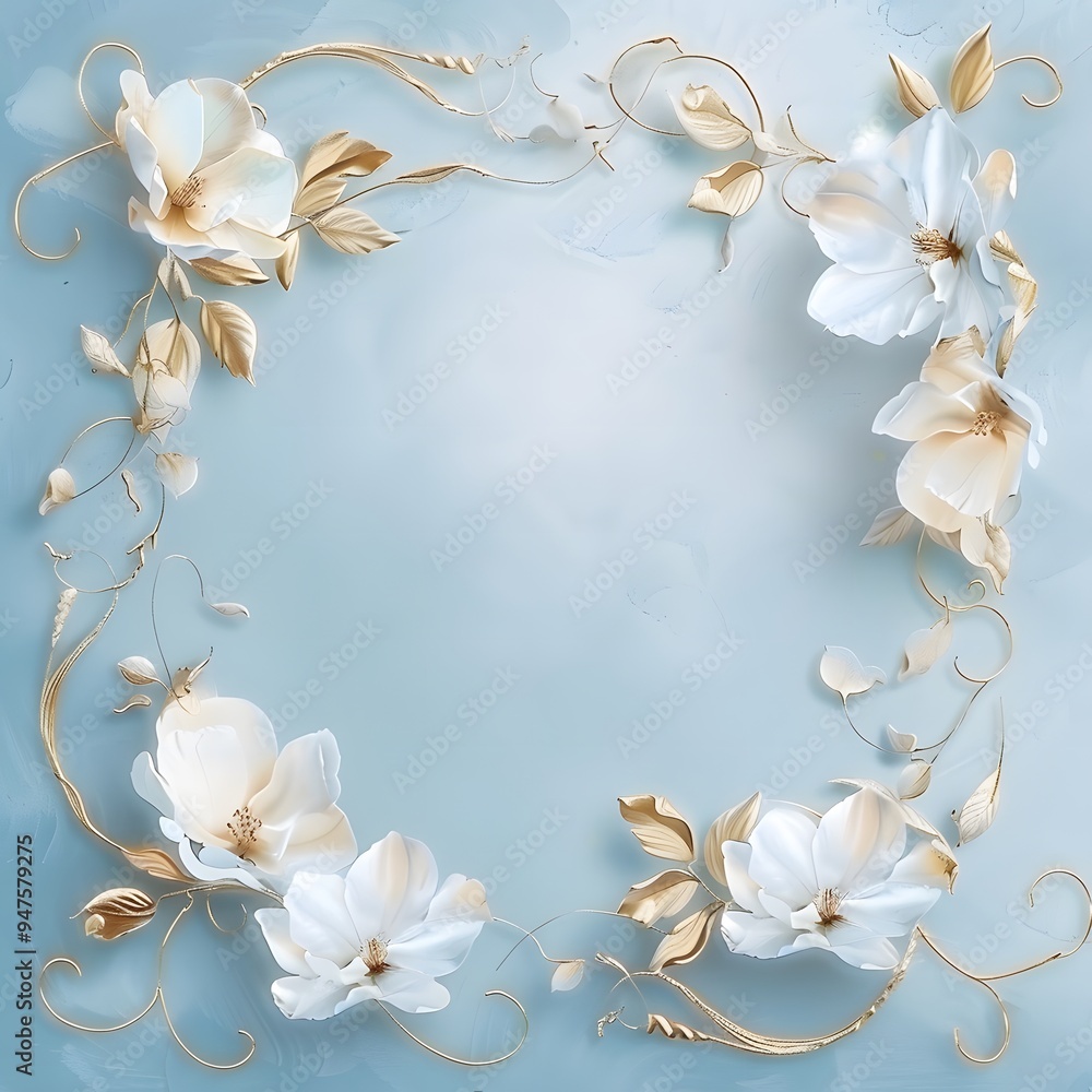White flowers with golden leaves on a blue background. White flowers with golden leaves on a blue background.