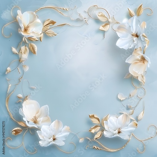 White flowers with golden leaves on a blue background.