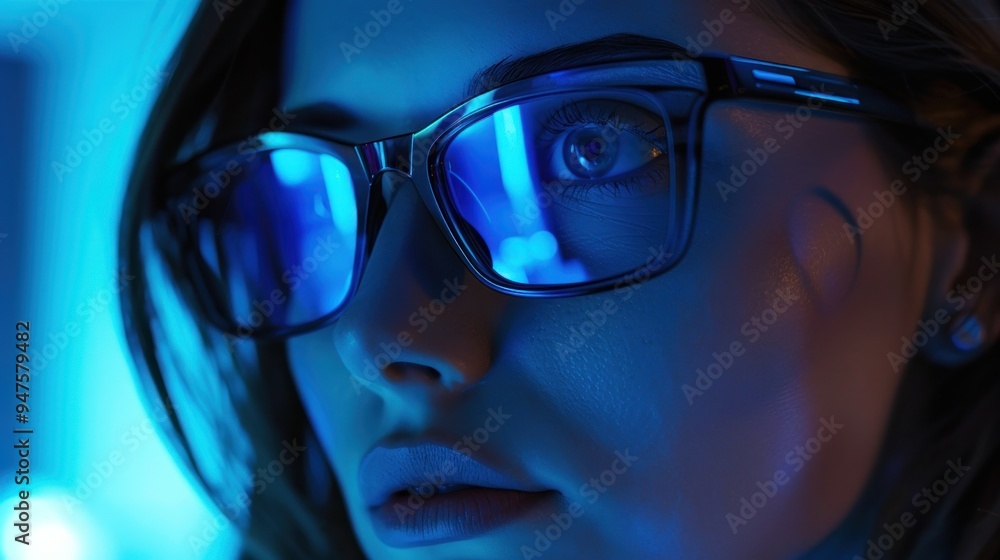 Closeup Portrait of a Woman Wearing Glasses with Blue Lighting Closeup Portrait of a Woman Wearing Glasses with Blue Lighting
