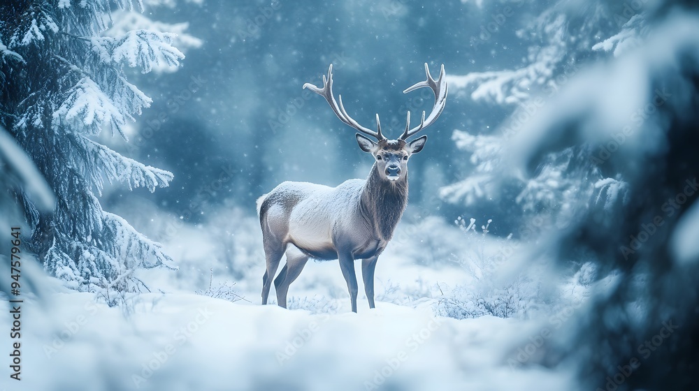 Majestic Deer in Snowy Forest Landscape Majestic Deer in Snowy Forest Landscape