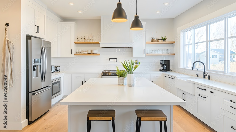 © STGZ. - Simple kitchen layout with a white countertop, a single plant, and modern appliances © STGZ. - Simple kitchen layout with a white countertop, a single plant, and modern appliances