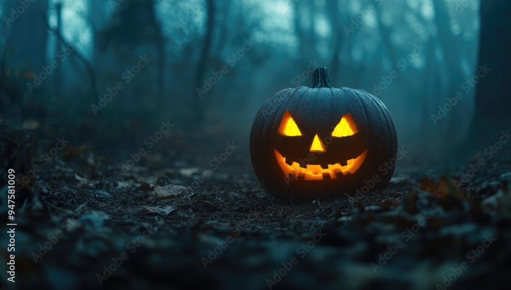 Spooky Halloween Pumpkin in Foggy Forest, Glowing Pumpkin Spooky Season and Autumn Nights, Misty Landscape Spooky Halloween Pumpkin in Foggy Forest, Glowing Pumpkin Spooky Season and Autumn Nights, Misty Landscape