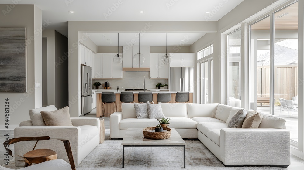 Open-concept living room with minimal furniture and a neutral color scheme Open-concept living room with minimal furniture and a neutral color scheme