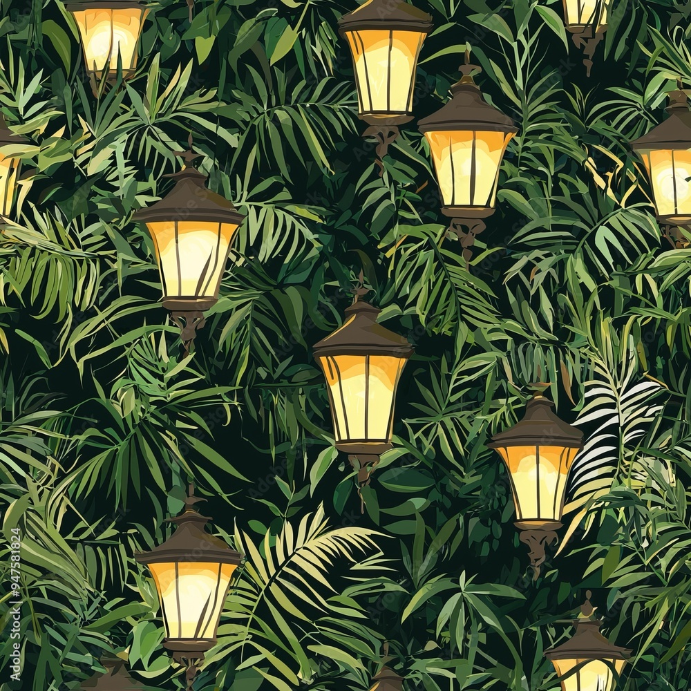 Seamless pattern of streetlights surrounded by lush greenery Seamless pattern of streetlights surrounded by lush greenery