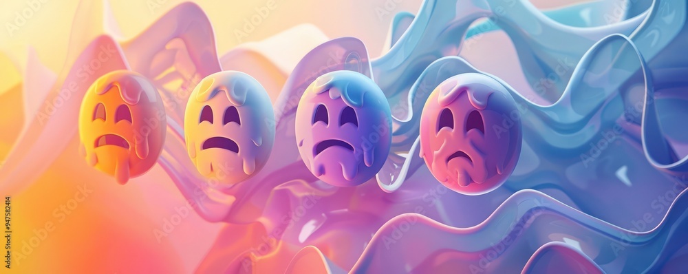 Sad emojis set against an abstract canvas of dynamic shapes and soft hues, creating a serene environment. Sad emojis set against an abstract canvas of dynamic shapes and soft hues, creating a serene environment.