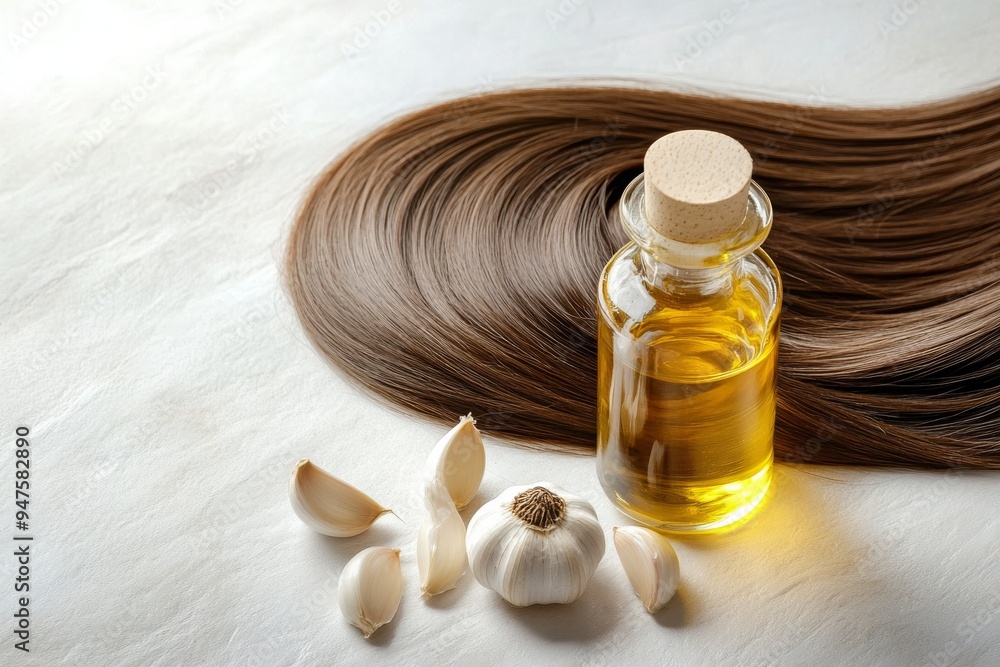 Fototapeta premium Concept of Garlic oil nourishes hair and scalp , Garlic extract , Generative AI
