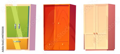 Wooden wardrobes set isolated on white background. Vector cartoon illustration of home furniture collection, color closet for kids bedroom, modern cupboard with closed door, bedroom interior design