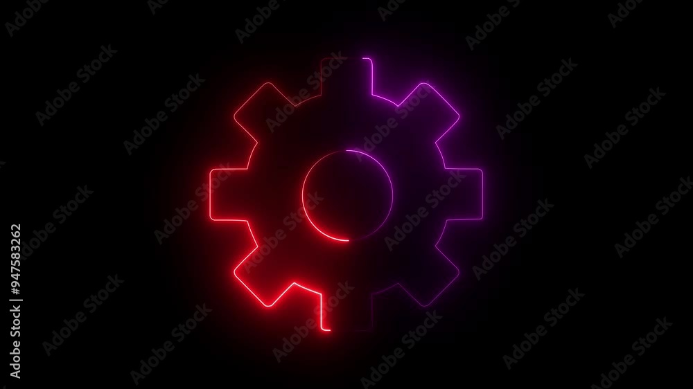 Neon glowing red purple color gear setting icon on black background animation Neon glowing red purple color gear setting icon on black background animation