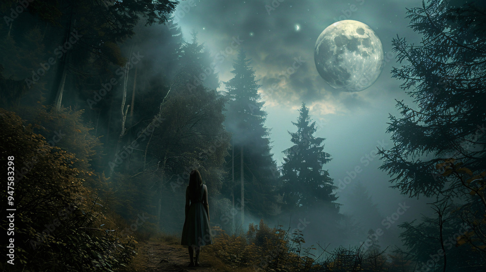 Silhouette of a Woman in a Vibrant Nighttime Forest with Alien Moon Silhouette of a Woman in a Vibrant Nighttime Forest with Alien Moon