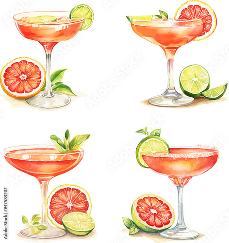Pomelo Cocktail Set Watercolor Vector Illustration.