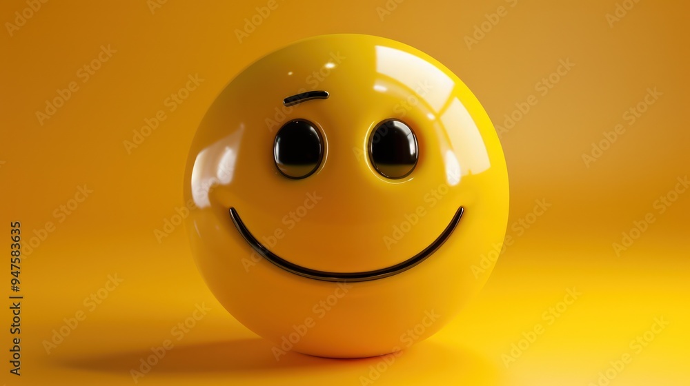 Fototapeta premium Relieved yellow emoji with soft smile, content expression, 3D icon, shiny.
