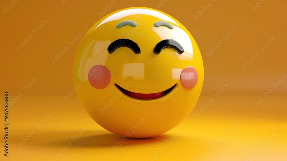 Fototapeta premium Relieved yellow emoji with soft smile, content expression, 3D icon, shiny.