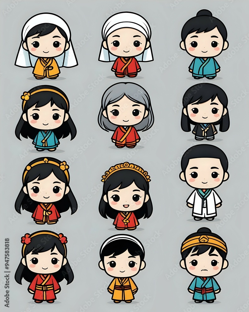 Cute cartoon characters wearing traditional Korean hanbok clothing. Cute cartoon characters wearing traditional Korean hanbok clothing.