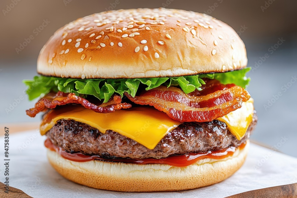 Delicious cheeseburger with crispy bacon, fresh lettuce, and grilled beef patty, served on a sesame seed bun.