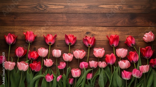 Wallpaper Mural Vibrant Red and Pink Tulips Blooming on Rustic Wooden Background with Copy Space. Torontodigital.ca