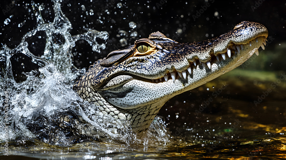 Fototapeta premium Fearsome Alligator Bursting from Swampy Waters with Open Jaws