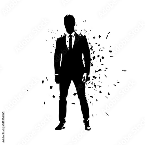 Businessman standing in suit, black isolated vector silhouette with distortion effect