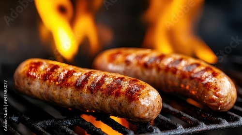 Delicious grilled sausage sizzling over an open flame, perfectly cooked and ready to enjoy. Ideal for barbecue and food lovers. photo