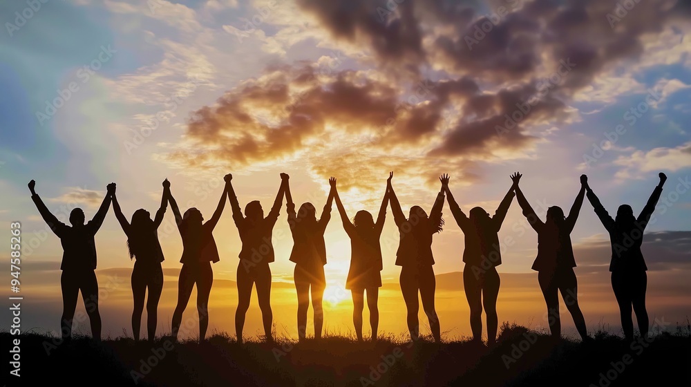 Silhouettes of people with their arms raised in the air at sunrise. Silhouettes of people with their arms raised in the air at sunrise.