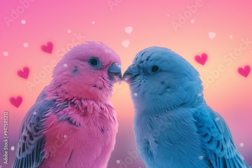 Two birds in love, one pink, the other blue, gaze at each other with hearts and a dusky sky in the background.


