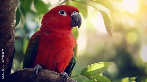 Vibrant Red Eclectus Parrot Closeup Perched on Tree - Exotic Bird Portrait photo