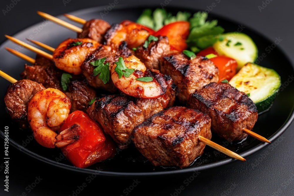 Delicious skewers featuring grilled shrimp, beef, and colorful vegetables, perfect for any barbecue or outdoor gathering. Delicious skewers featuring grilled shrimp, beef, and colorful vegetables, perfect for any barbecue or outdoor gathering.