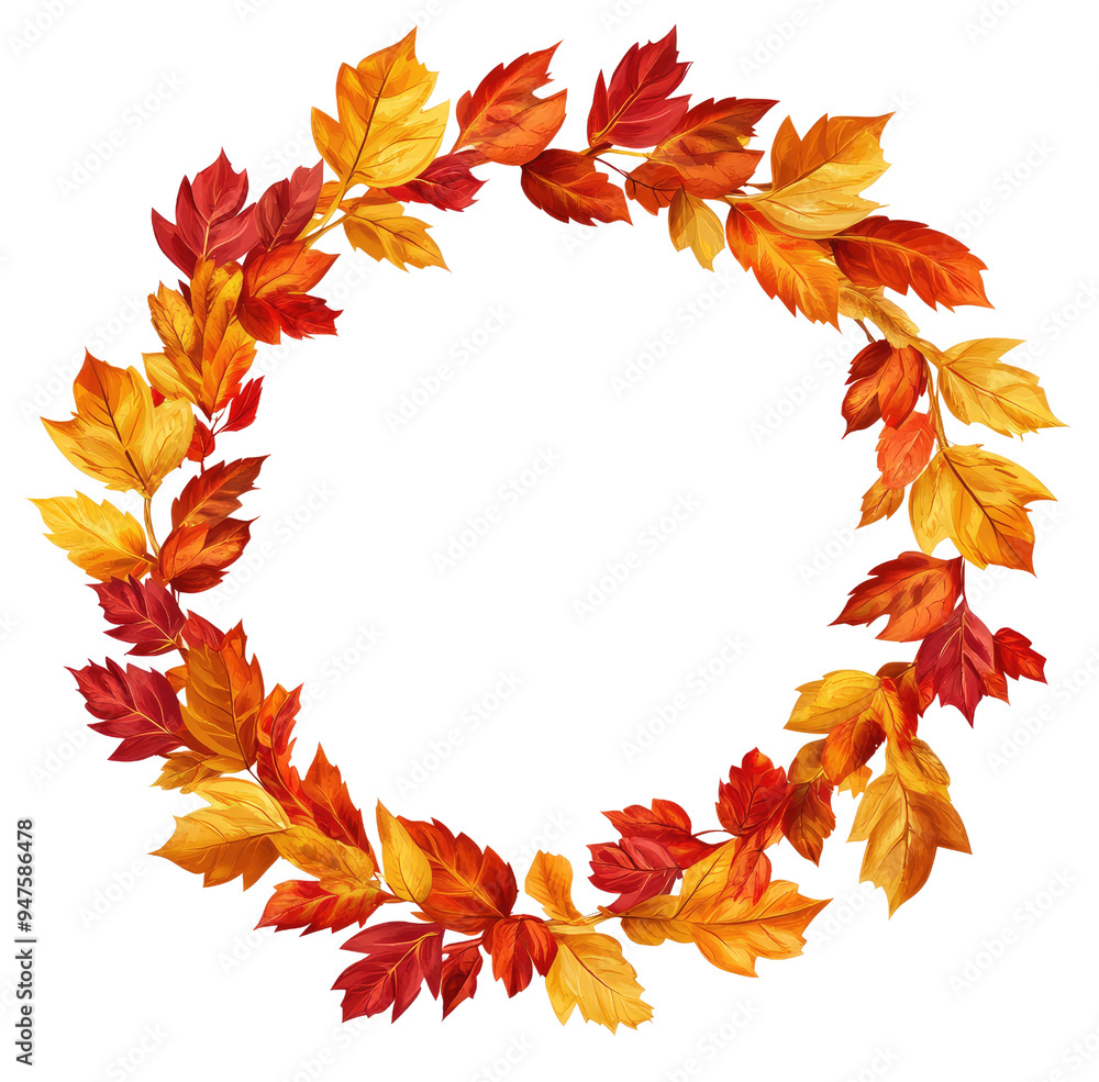 Fototapeta premium Colorful Autumn Leaves in Circular Frame Clip Art on Transparent or White Background