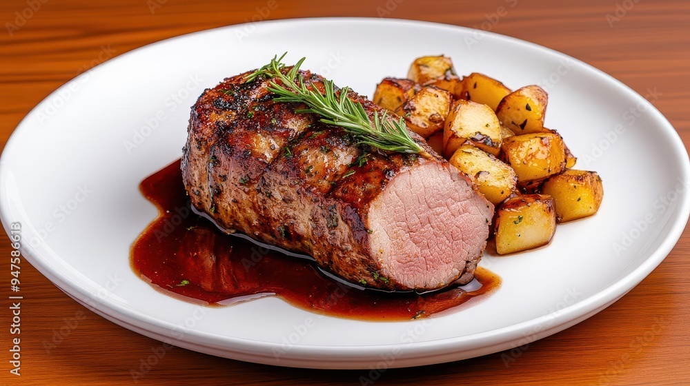 Deliciously cooked meat with a savory sauce, served with crispy roasted potatoes and garnished with fresh herbs.